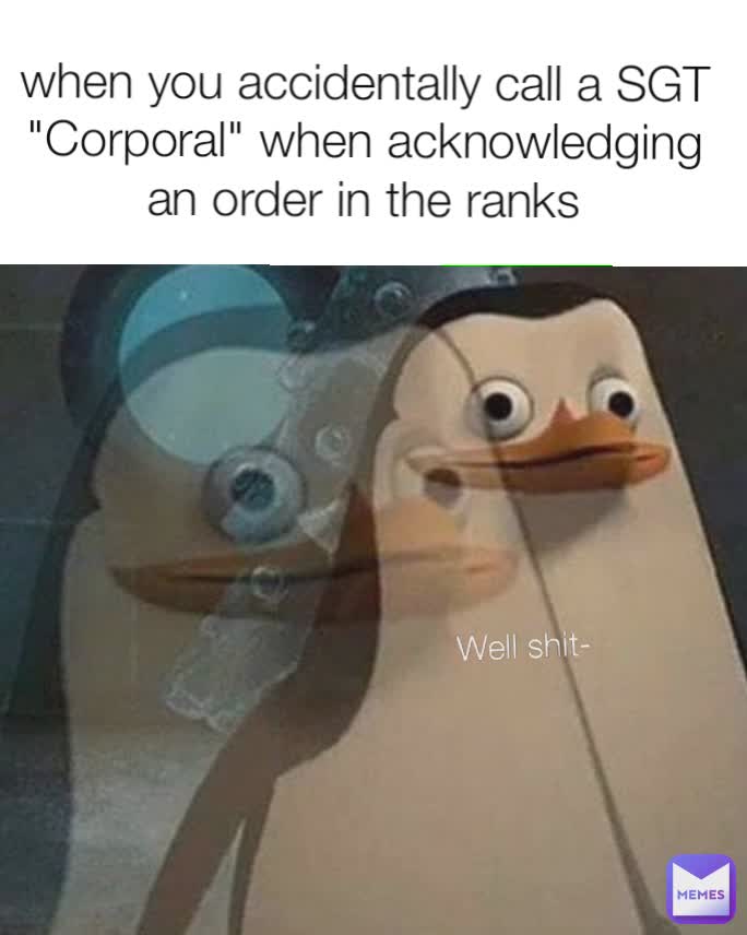 when you accidentally call a SGT "Corporal" when acknowledging an order in the ranks Well shit-