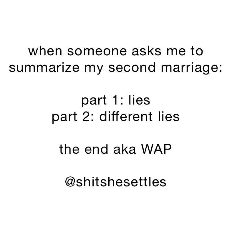 when someone asks me to summarize my second marriage:

part 1: lies
part 2: different lies

the end aka WAP

@shitshesettles