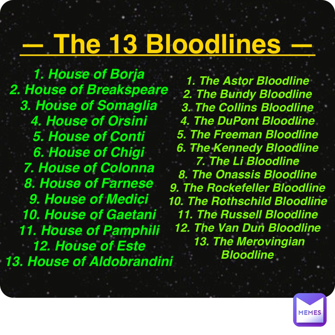 Double tap to edit — The 13 Bloodlines — 1. House of Borja
2. House of Breakspeare
3. House of Somaglia
4. House of Orsini
5. House of Conti
6. House of Chigi
7. House of Colonna
8. House of Farnese
9. House of Medici
10. House of Gaetani
11. House of Pamphili
12. House of Este
13. House of Aldobrandini 1. The Astor Bloodline
2. The Bundy Bloodline
3. The Collins Bloodline
4. The DuPont Bloodline
5. The Freeman Bloodline
6. The Kennedy Bloodline
7. The Li Bloodline
8. The Onassis Bloodline
9. The Rockefeller Bloodline
10. The Rothschild Bloodline
11. The Russell Bloodline
12. The Van Dun Bloodline
13. The Merovingian Bloodline