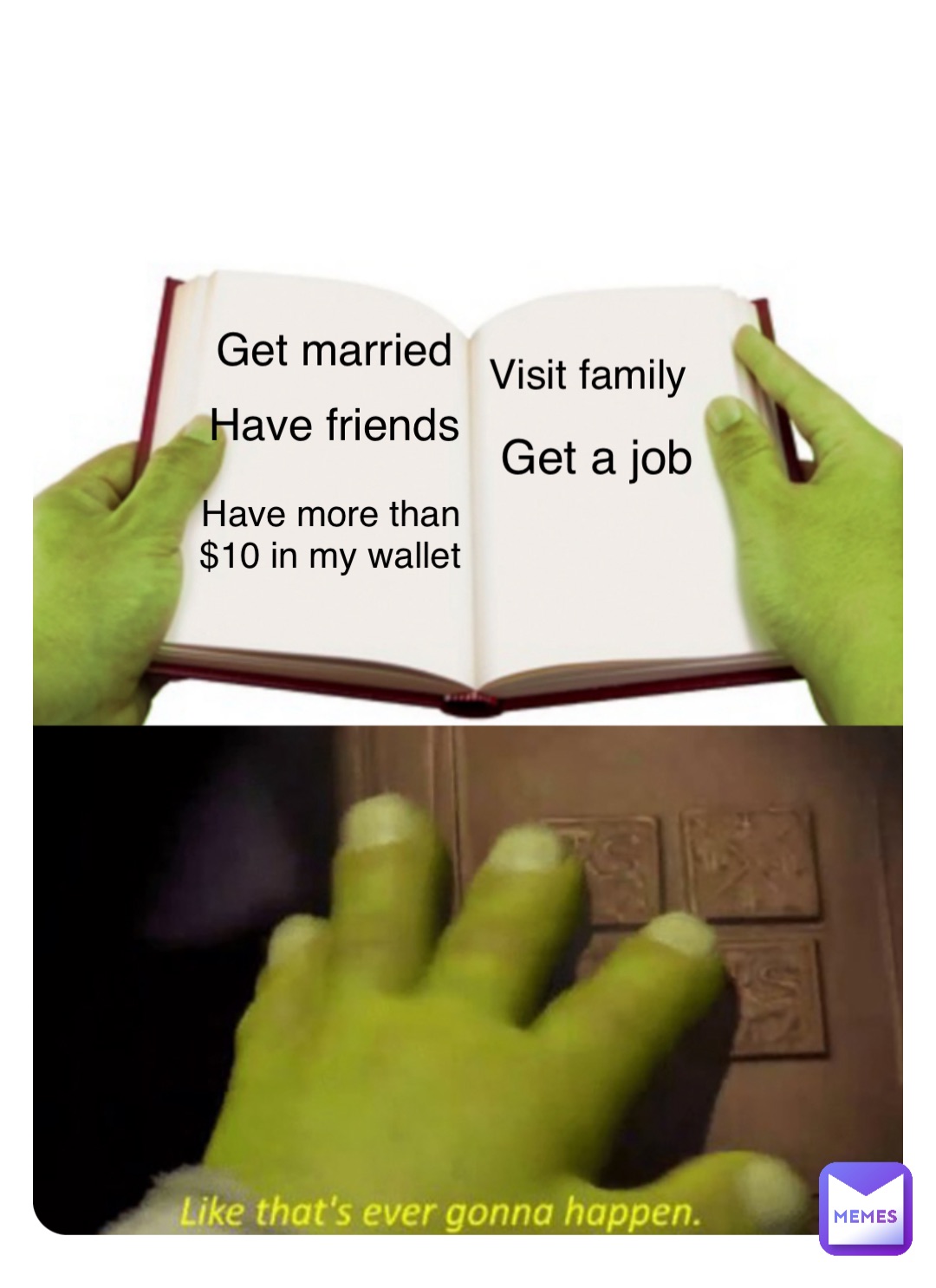 Double tap to edit Get married Have friends Visit family Have more than $10 in my wallet Get a job