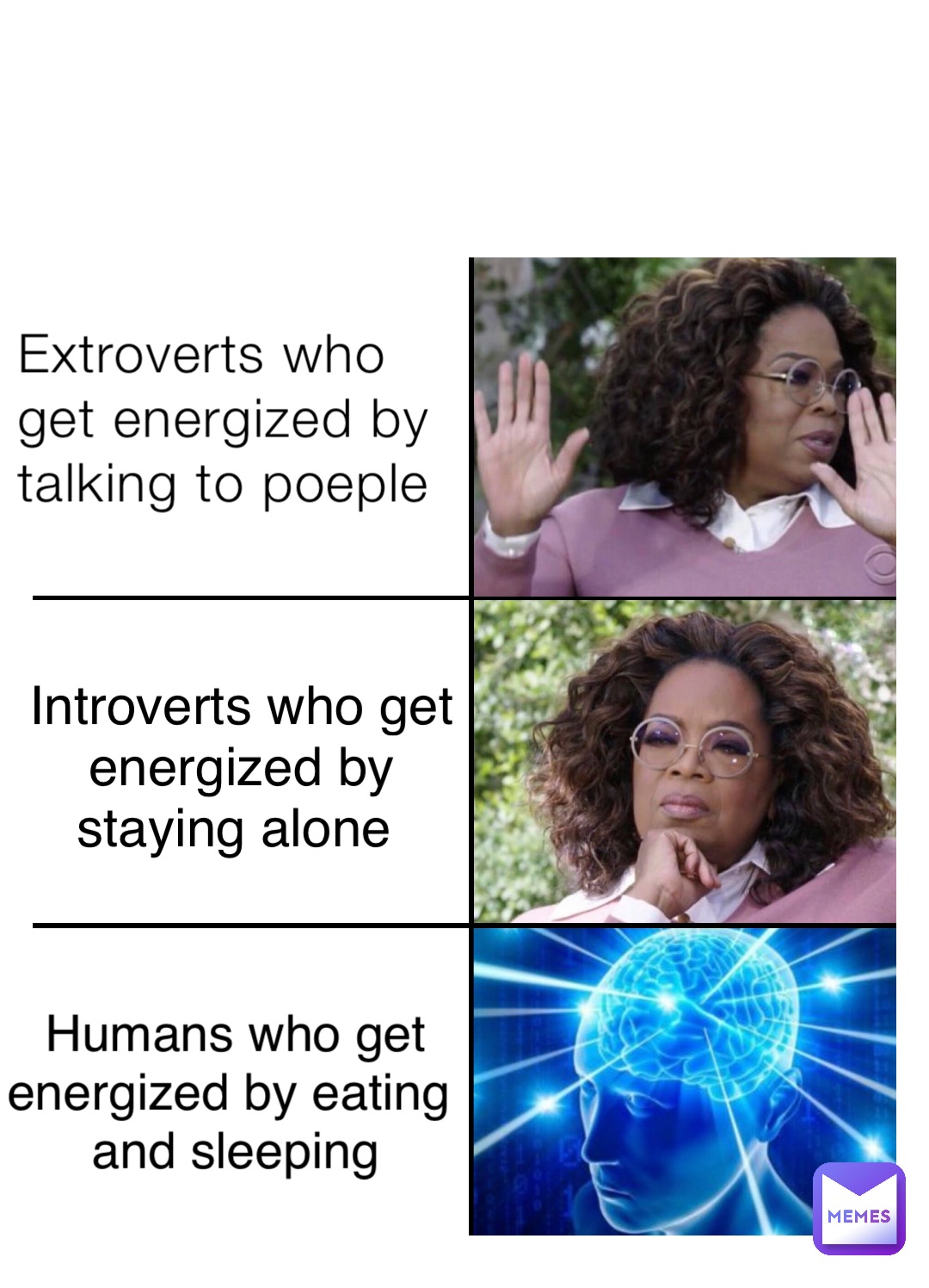 Extroverts who get energized by talking to poeple Introverts who get energized by staying alone Humans who get 
energized by eating
 and sleeping