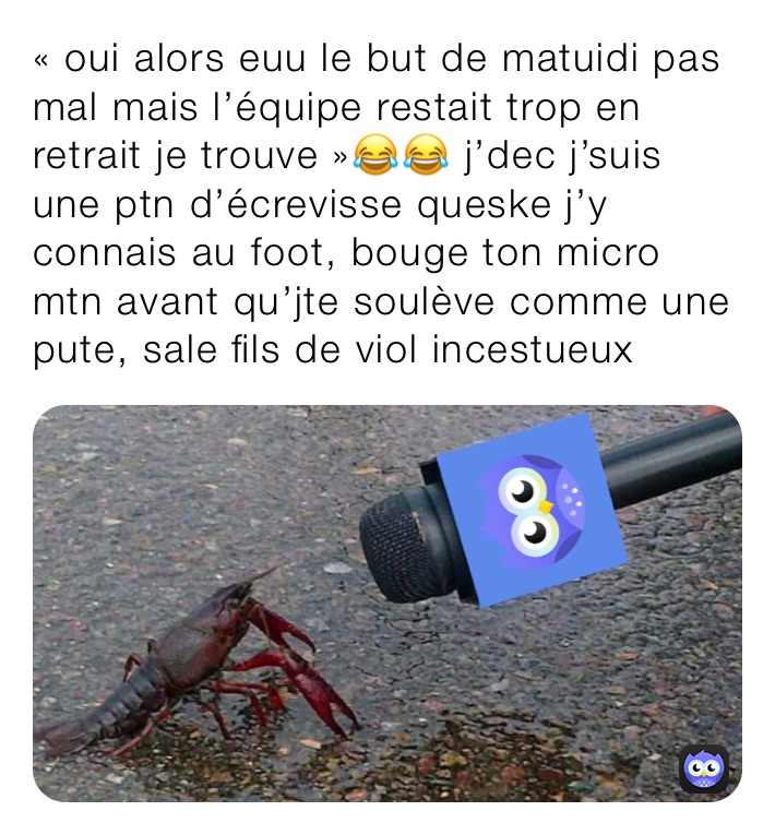 « oui alors euu le but de matuidi pas mal mais l’équipe restait trop en retrait je trouve »😂😂 j’dec j’suis une ptn d’écrevisse queske j’y connais au foot, bouge ton micro mtn avant qu’jte soulève comme une pute, sale fils de viol incestueux