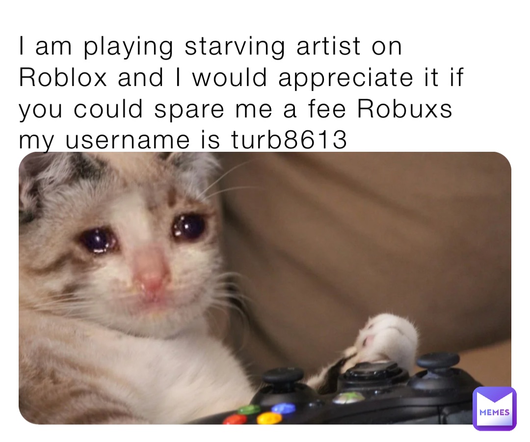I am playing starving artist on Roblox and I would appreciate it if you could spare me a fee Robuxs my username is turb8613
