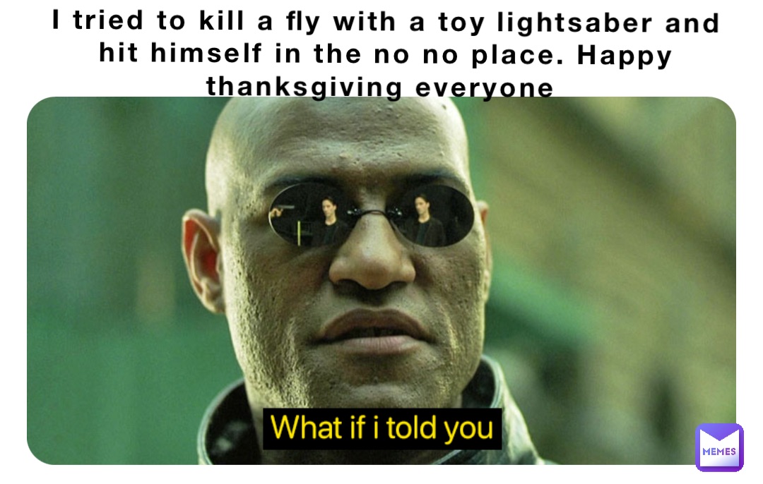 I tried to kill a fly with a toy lightsaber and hit himself in the no no place. Happy thanksgiving everyone