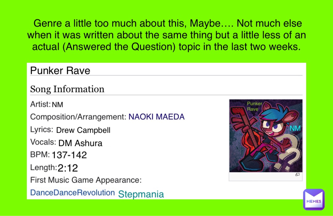 Punker 
Rave NM NM Punker Rave Drew Campbell DM Ashura 137-142 2:12 Genre a little too much about this, Maybe…. Not much else when it was written about the same thing but a little less of an actual (Answered the Question) topic in the last two weeks. Stepmania