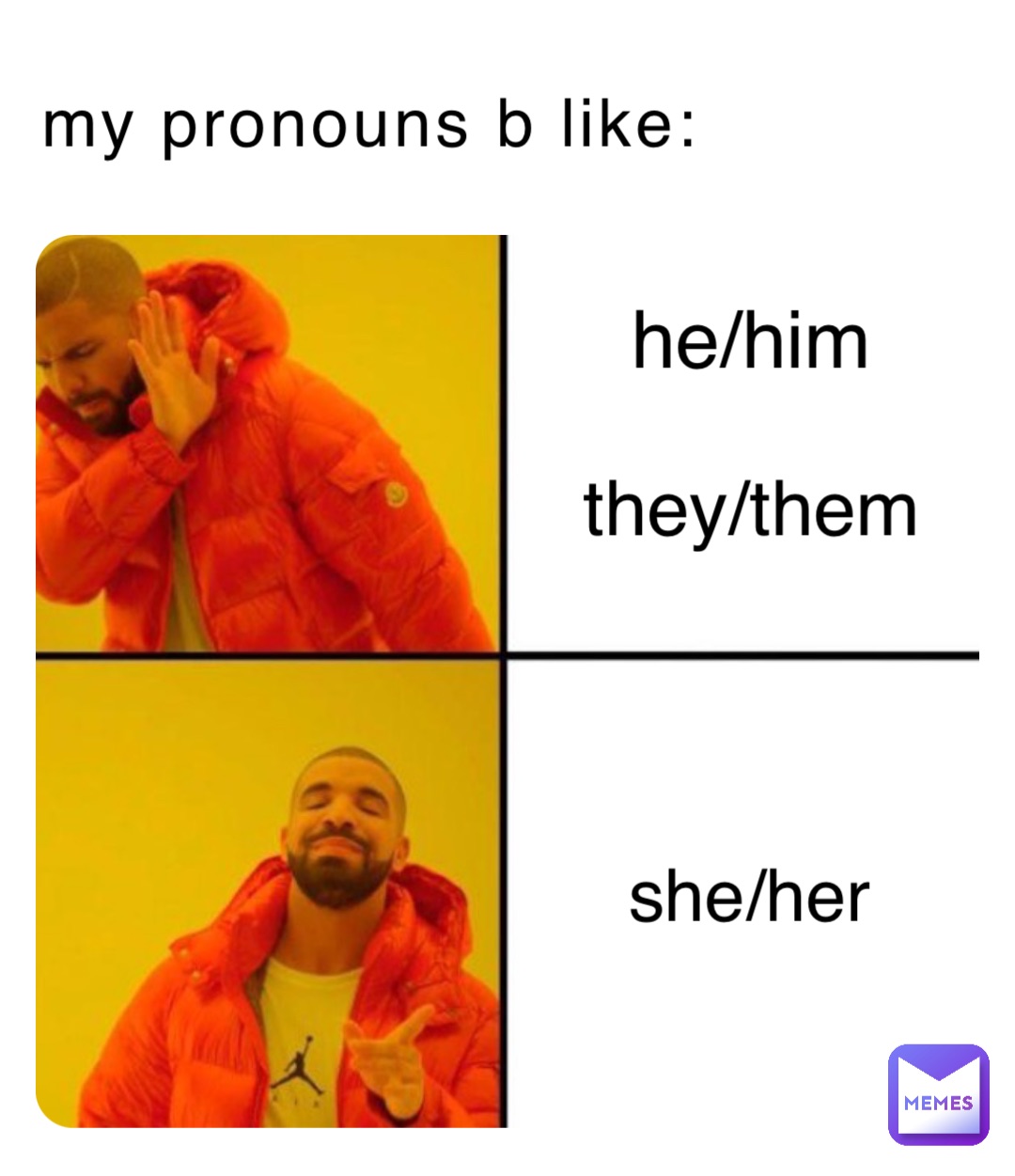 my pronouns b like: he/him she/her they/them