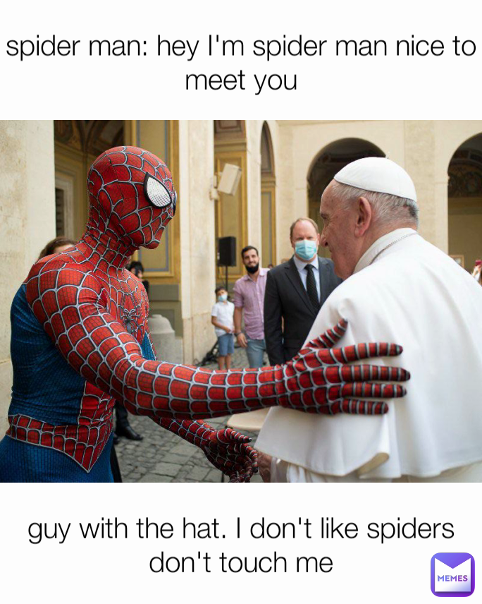 spider man: hey I'm spider man nice to meet you guy with the hat. I don't  like spiders don't touch me | @thepowerfulshawn | Memes