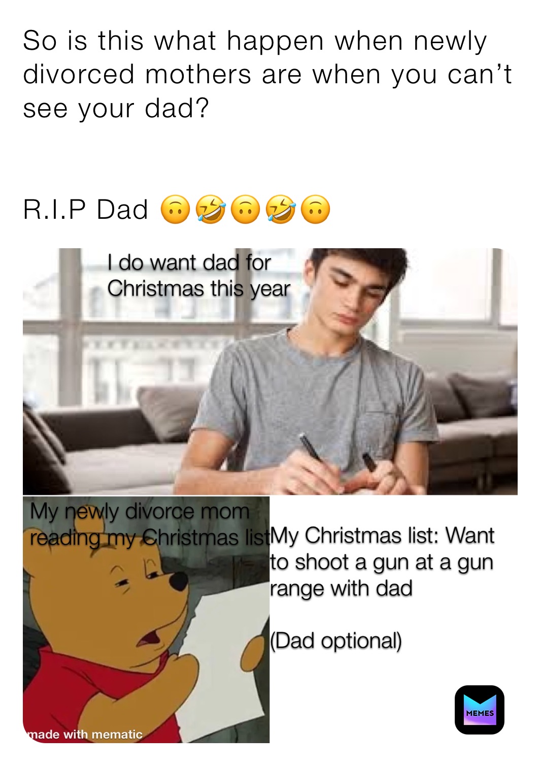 So is this what happen when newly divorced mothers are when you can’t see your dad? 


R.I.P Dad 🙃🤣🙃🤣🙃