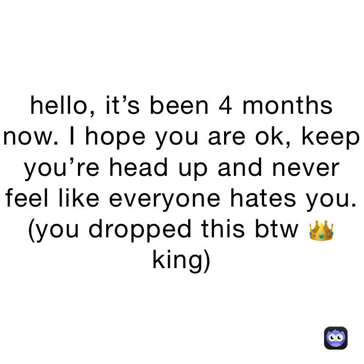 hello, it’s been 4 months now. I hope you are ok, keep you’re head up and never feel like everyone hates you. (you dropped this btw 👑 king)