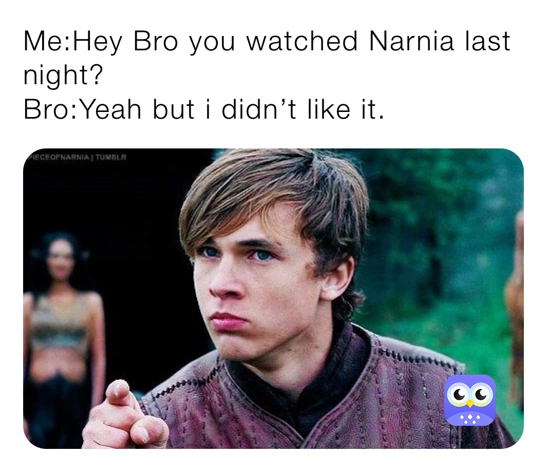 Me:Hey Bro you watched Narnia last night?
Bro:Yeah but i didn’t like it.