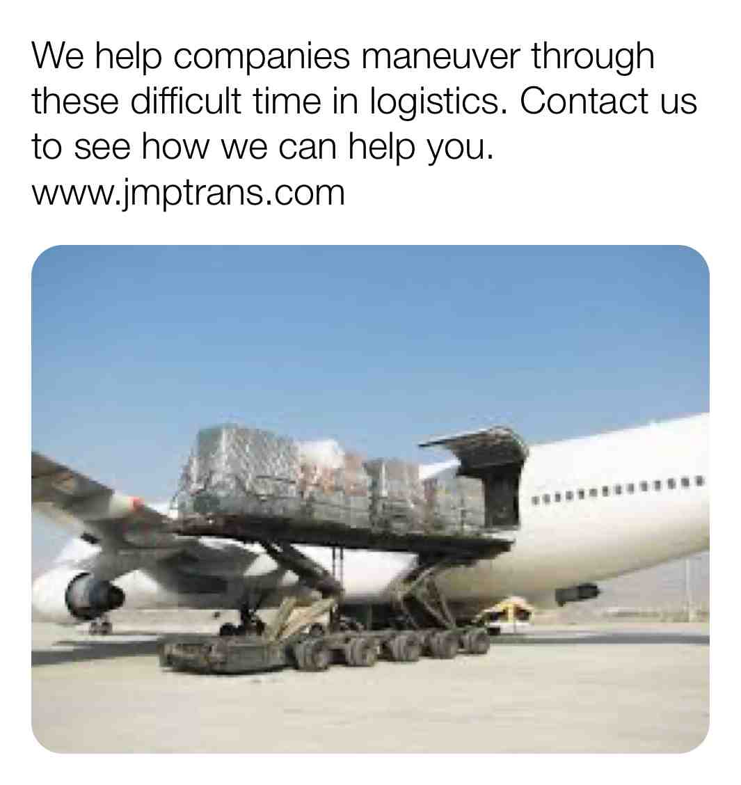 You can email us directly at quotes@jmp transportation.com #logistics #airfreight #freight #cargo #internationallogistics
#logisticsmanagement #shipping
#transportation #import #export
#aircargo #supplychain #freightforwarder
#logistica #cargaaerea #carga #envios #logisticainternacional #gerencialogistica #transportacion #importacion #exportacion #agenciadeenvios #agenciadeaduanas
