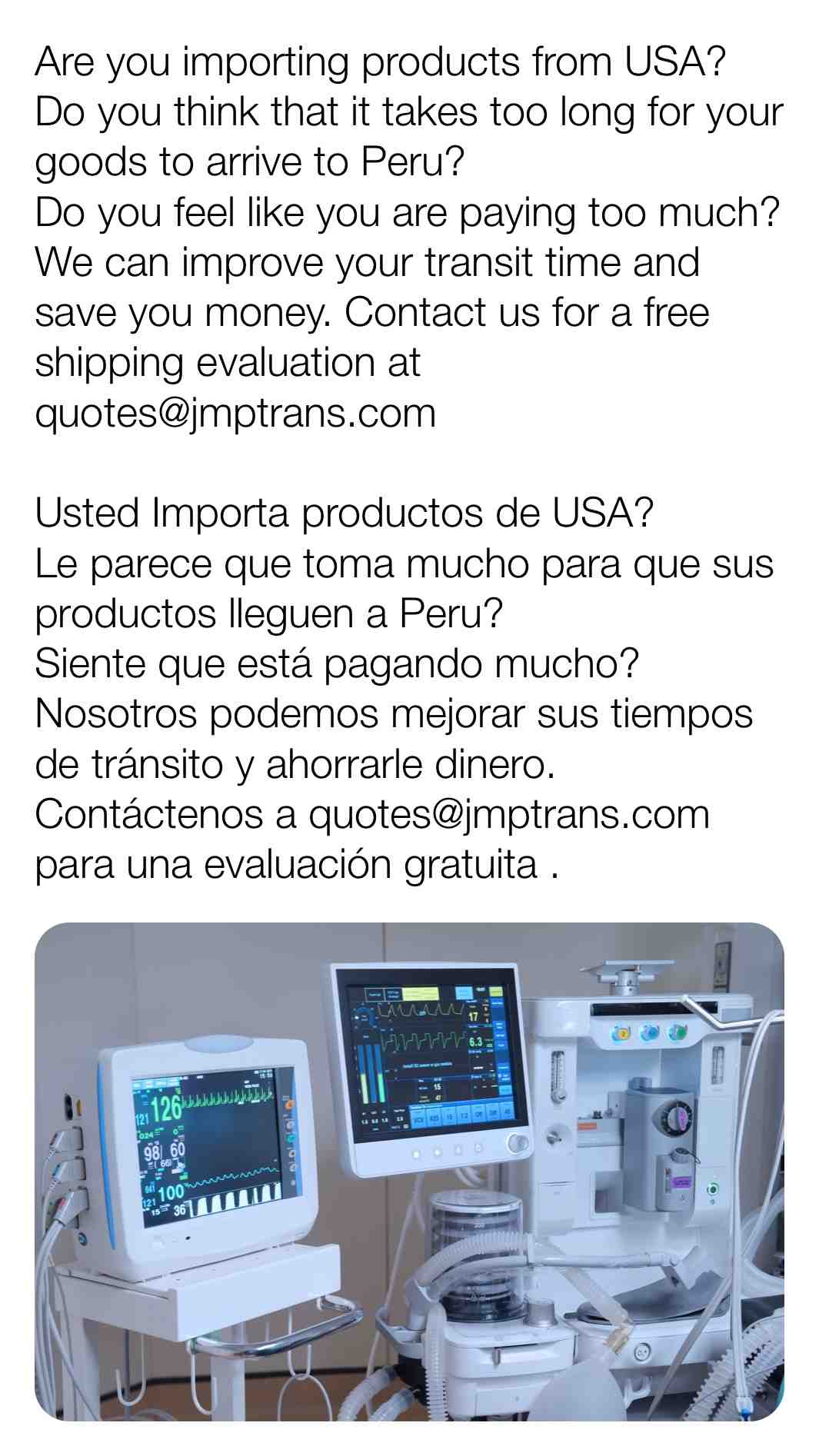 Are you importing products from USA?
Do you think that it takes too long for your goods to arrive to Peru?
Do you feel like you are paying too much?
We can improve your transit time and save you money. Contact us for a free shipping evaluation at quotes@jmptrans.com
Usted Importa productos de USA?
Le parece que toma mucho para que sus productos lleguen a Peru?
Siente que está pagando mucho?
Nosotros podemos mejorar sus tiempos de tránsito y ahorrarle dinero.
Contáctenos a quotes@jmptrans.com para una evaluación gratuita.
 #logistics  #airfreight  #freight  #cargo  #internationallogistics
 #logisticsmanagement  #shipping
 #transportation  #import  #export
 #aircargo  #supplychain  #freightforwarder
 #logistica  #cargaaerea  #carga  #envios  #logisticainternacional  #gerencialogistica  #transportacion  #importacion  #exportacion  #agenciadeenvios  #agenciadeaduanas