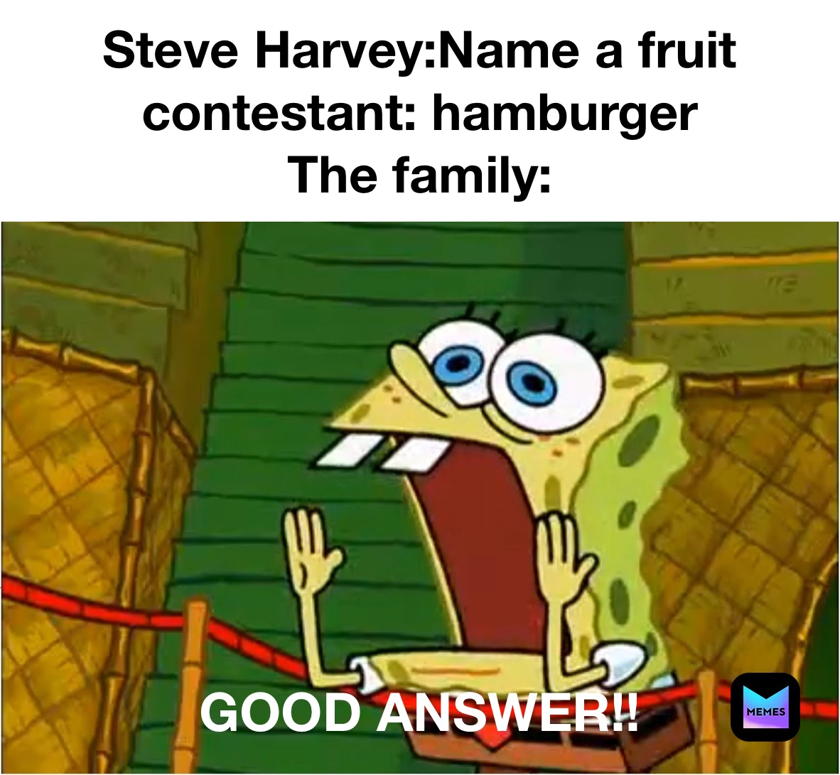 Steve Harvey:Name a fruit
contestant: hamburger
The family: GOOD ANSWER!!