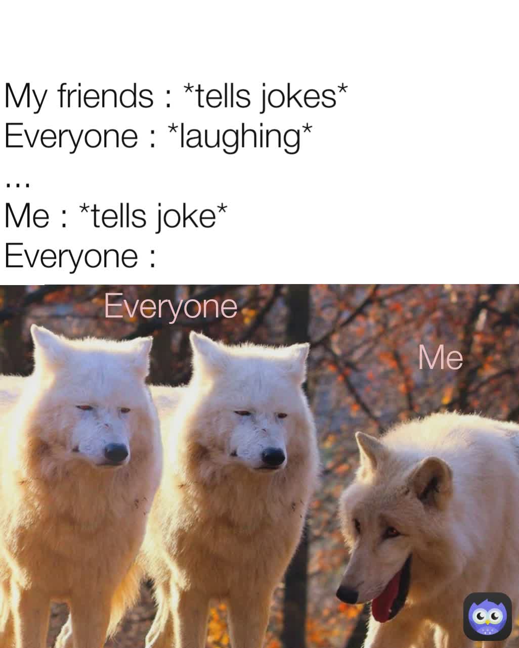 Me Everyone My friends : *tells jokes*
Everyone : *laughing*
...
Me : *tells joke*
Everyone :          