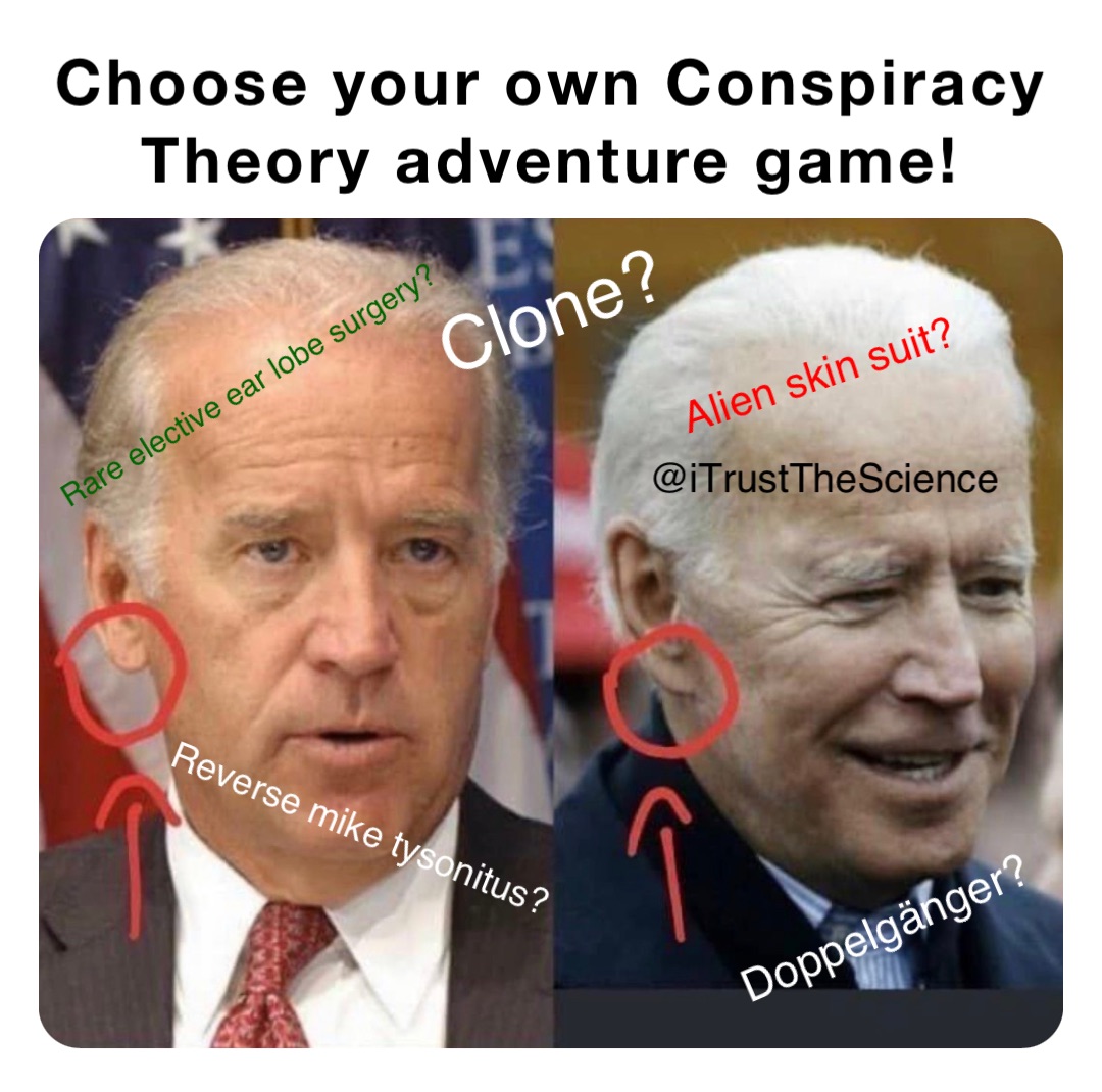 Choose your own Conspiracy Theory adventure game! Clone? Doppelgänger? Alien skin suit? Rare elective ear lobe surgery? Reverse mike tysonitus?