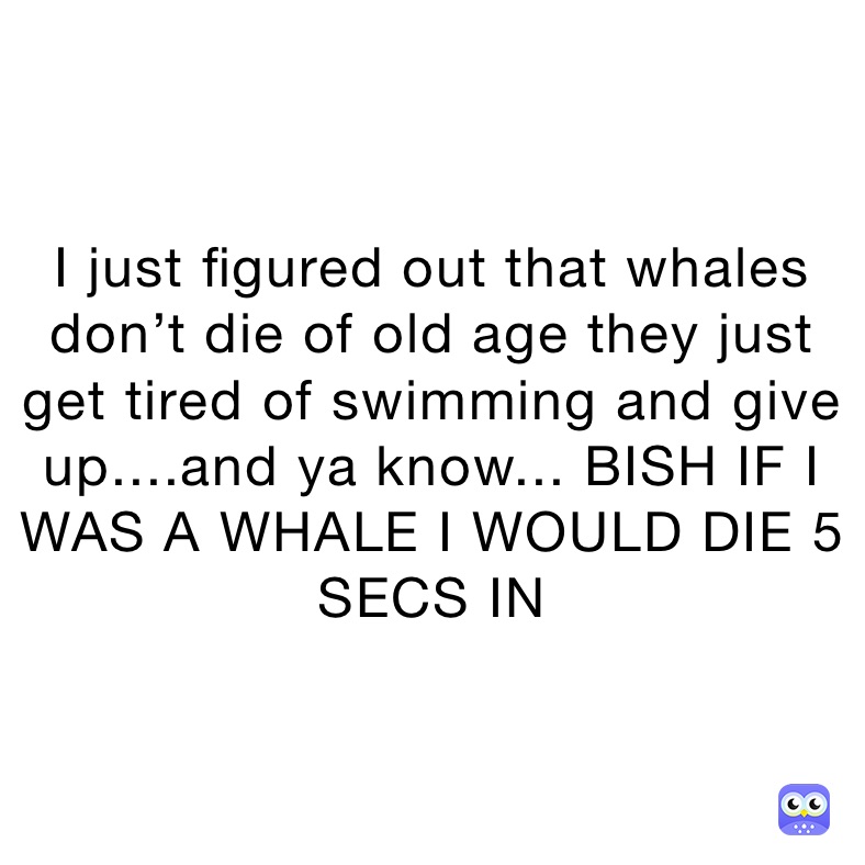 I just figured out that whales don’t die of old age they just get tired of swimming and give up....and ya know... BISH IF I WAS A WHALE I WOULD DIE 5 SECS IN
