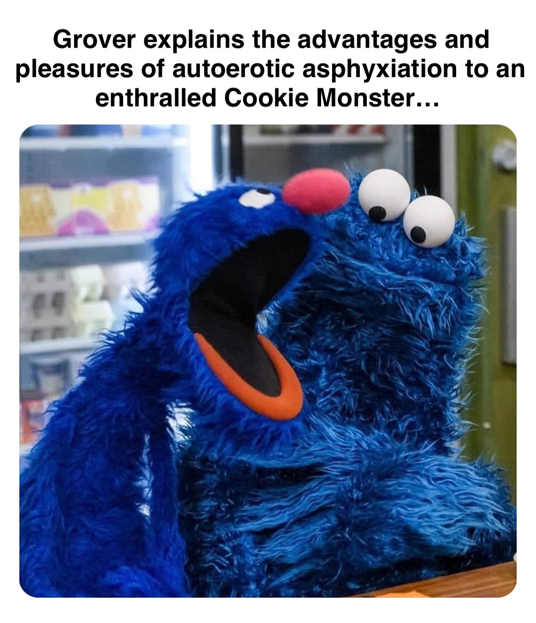 Double tap to edit Grover explains the advantages and pleasures of autoerotic asphyxiation to an enthralled Cookie Monster…