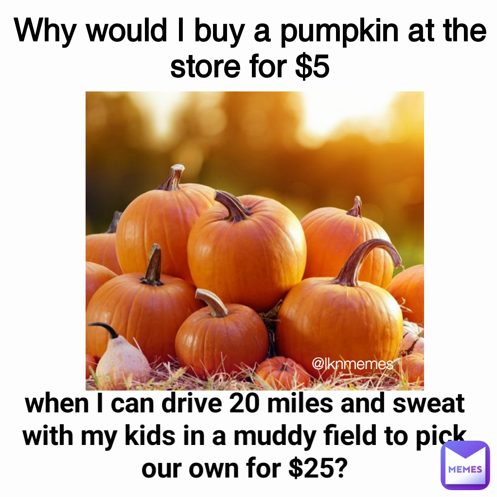 @lknmemes Why would I buy a pumpkin at the store for $5 when I can drive 20 miles and sweat with my kids in a muddy field to pick our own for $25?