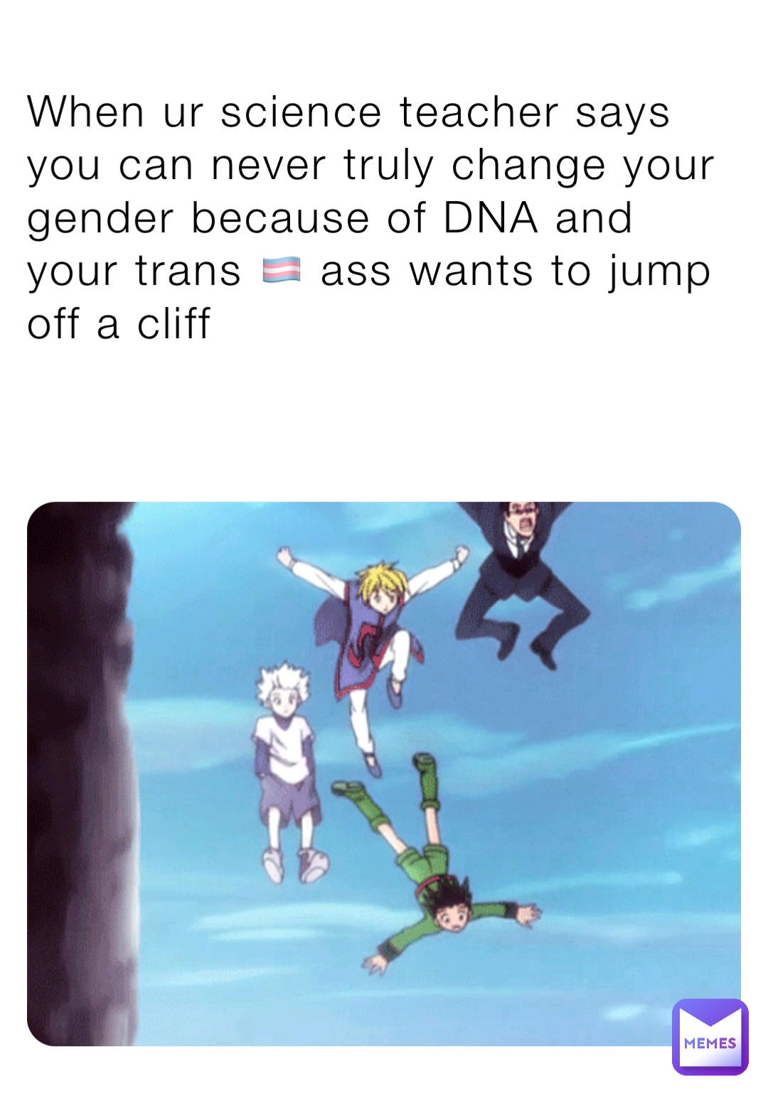 When ur science teacher says you can never truly change your gender because of DNA and your trans 🏳️‍⚧️ ass wants to jump off a cliff 😔