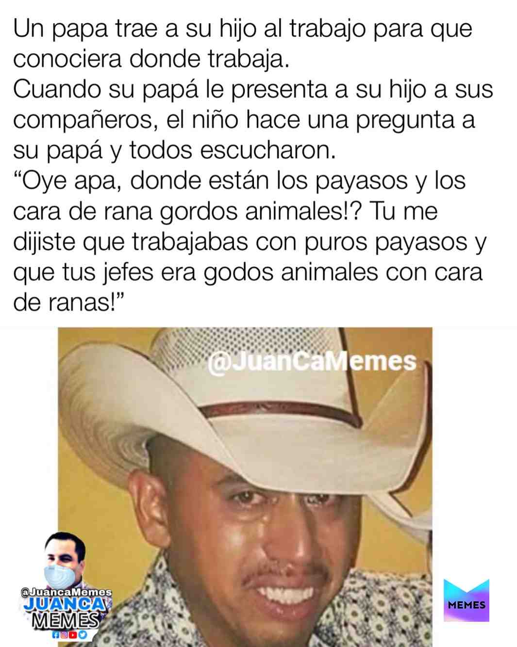 \u202aCara de ranas y payasos \u202c
\u202ad^*\u2019\ud83d\udcaf\u2714\ufe0f1\ud83d\udde3 PLEASE #follow and #share \u202c
\u202a #JuancaMemes\u202c
\u202a #meme #memes #funny #memesdaily #funnymemes #lol #follow #lmao #love #memesenespanol #dailymemes #comedy #fun #quarentine #fortnite #funnymeme #corona #coronamemes #coronavirus \u202c