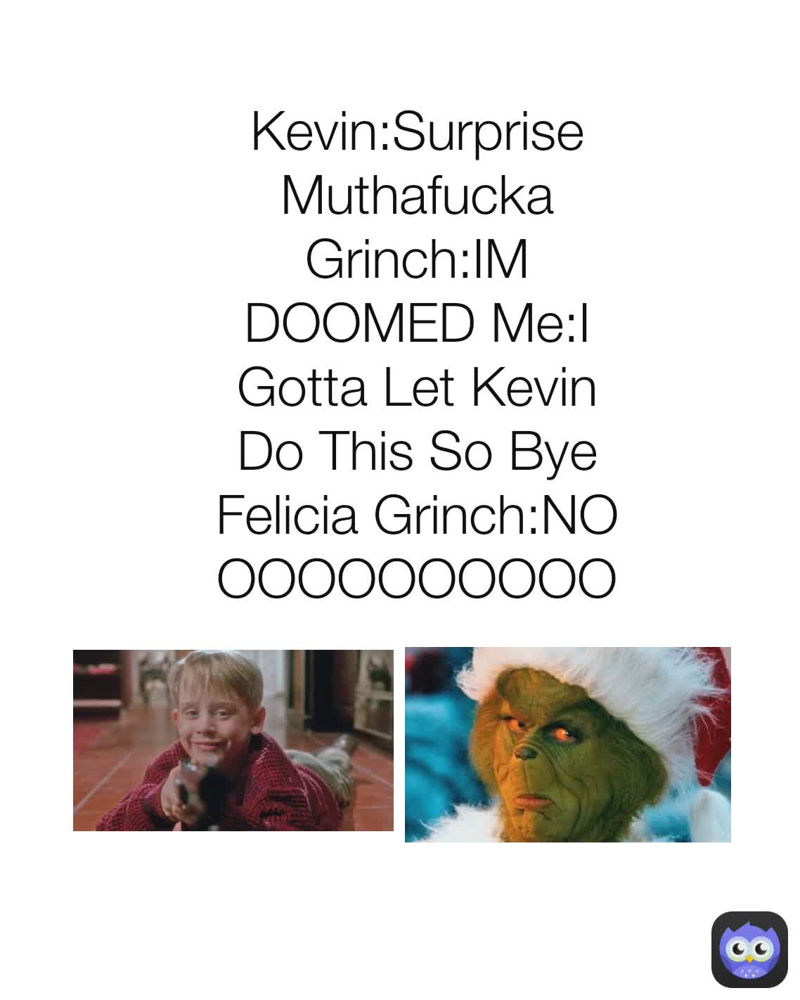 Kevin:Surprise Muthafucka Grinch:IM DOOMED Me:I Gotta Let Kevin Do This So Bye Felicia Grinch:NOOOOOOOOOOO