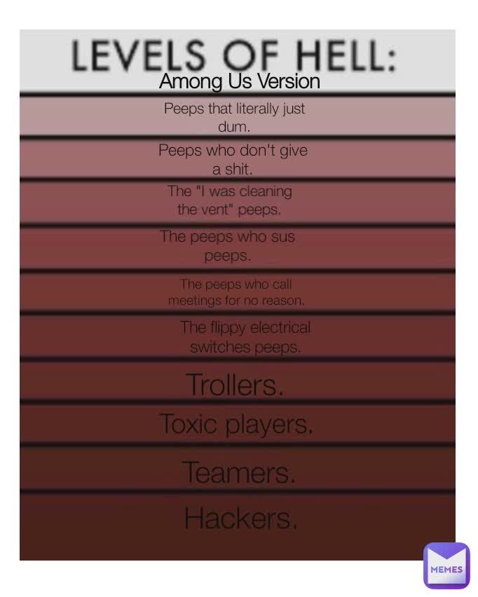 Among Us Version Hackers. Teamers. Toxic players. Trollers. The flippy electrical switches peeps. The peeps who call meetings for no reason. The peeps who sus peeps. The "I was cleaning the vent" peeps. Peeps that literally just dum. Peeps who don't give a shit.