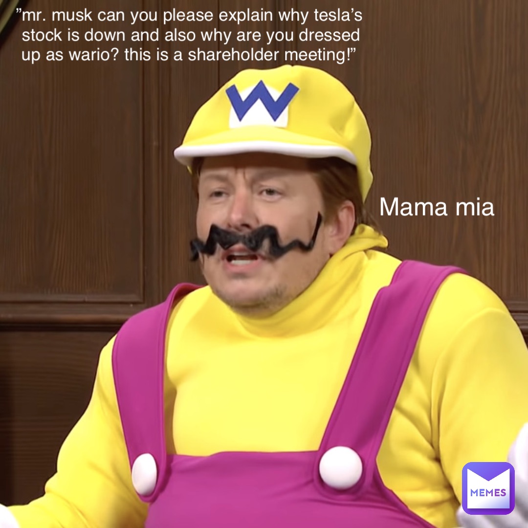 ”Mr. Musk can you please explain why Tesla’s stock is down and also why are you dressed up as Wario? this is a shareholder meeting!” mama mia