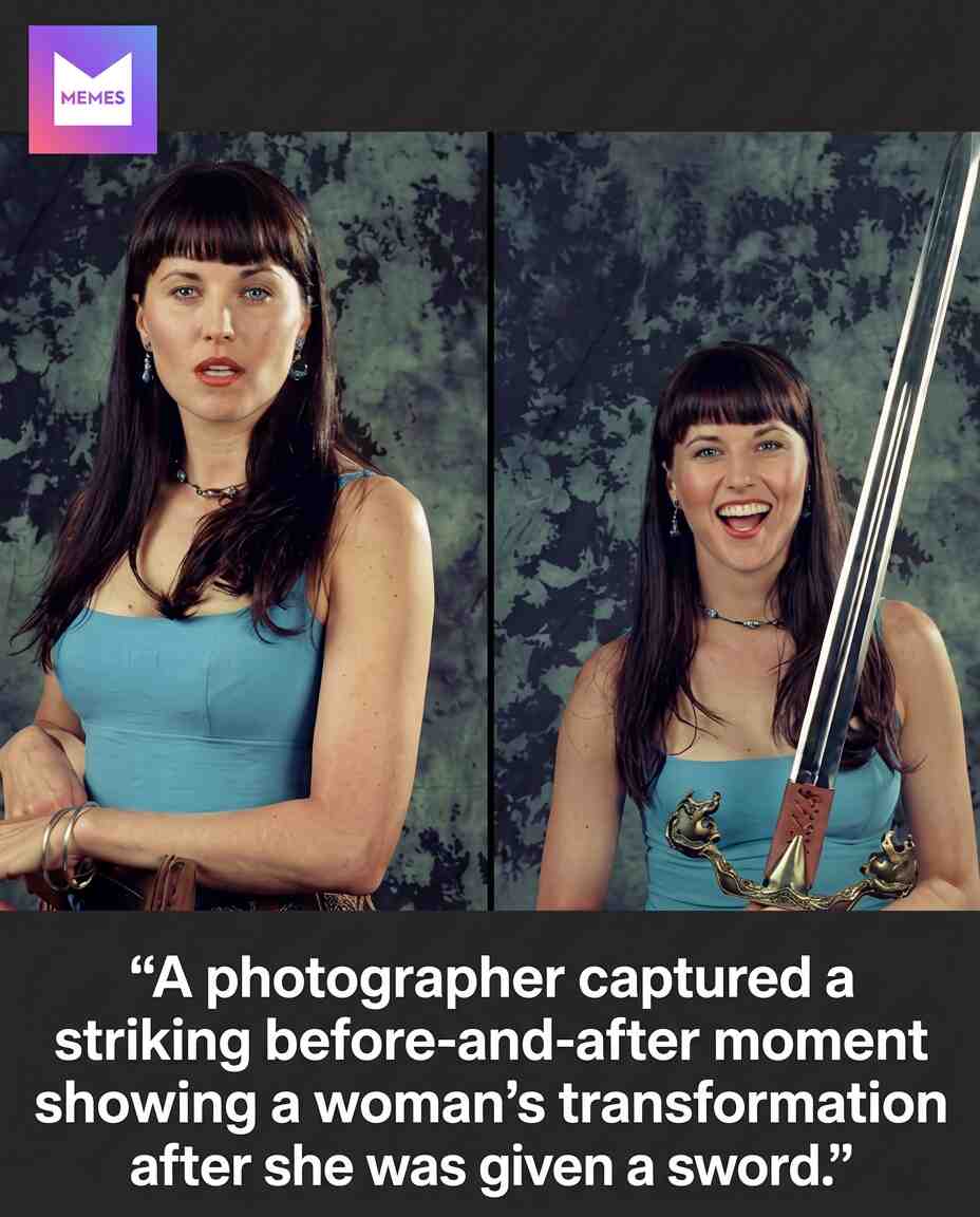 A photographer captured a fascinating before-and-after moment showing a woman’s striking transformation after she was given a sword, highlighting how a simple prop can completely change the mood of an image.