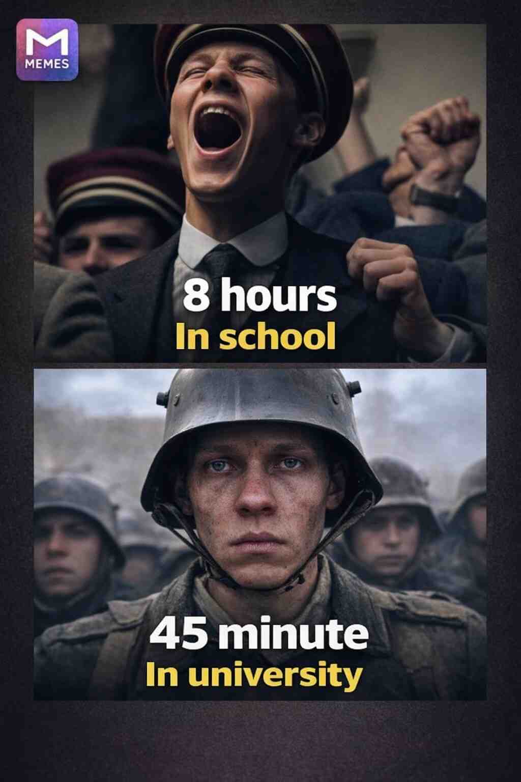 “8 hours in school, but only 45 minutes in university—life really changes how time feels when education becomes more focused and independent.”