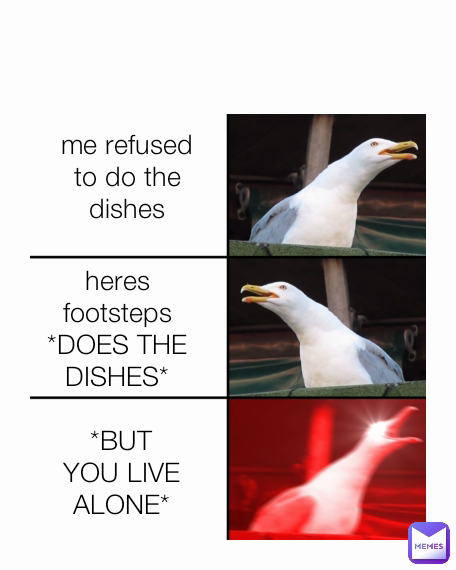 Type Text *BUT YOU LIVE ALONE* heres footsteps
*DOES THE DISHES* me refused to do the dishes