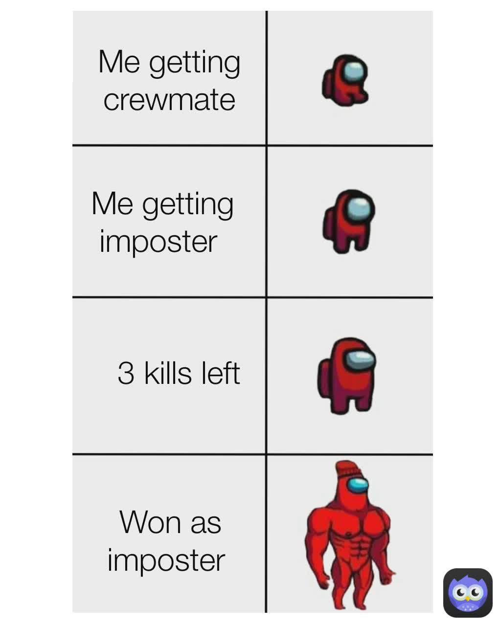 Me getting imposter  Me getting crewmate 3 kills left Won as imposter 