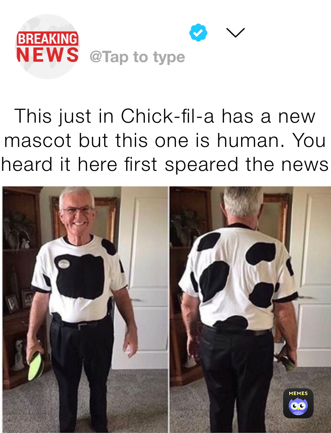 This just in Chick-fil-a has a new mascot but this one is human. You heard it here first speared the news