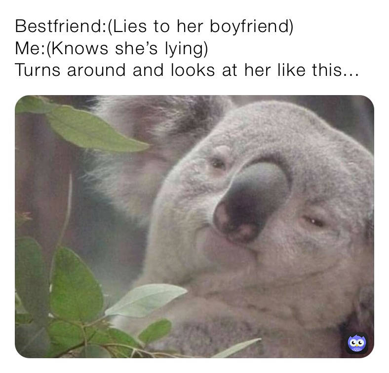 Bestfriend:(Lies to her boyfriend)
Me:(Knows she’s lying)
Turns around and looks at her like this...