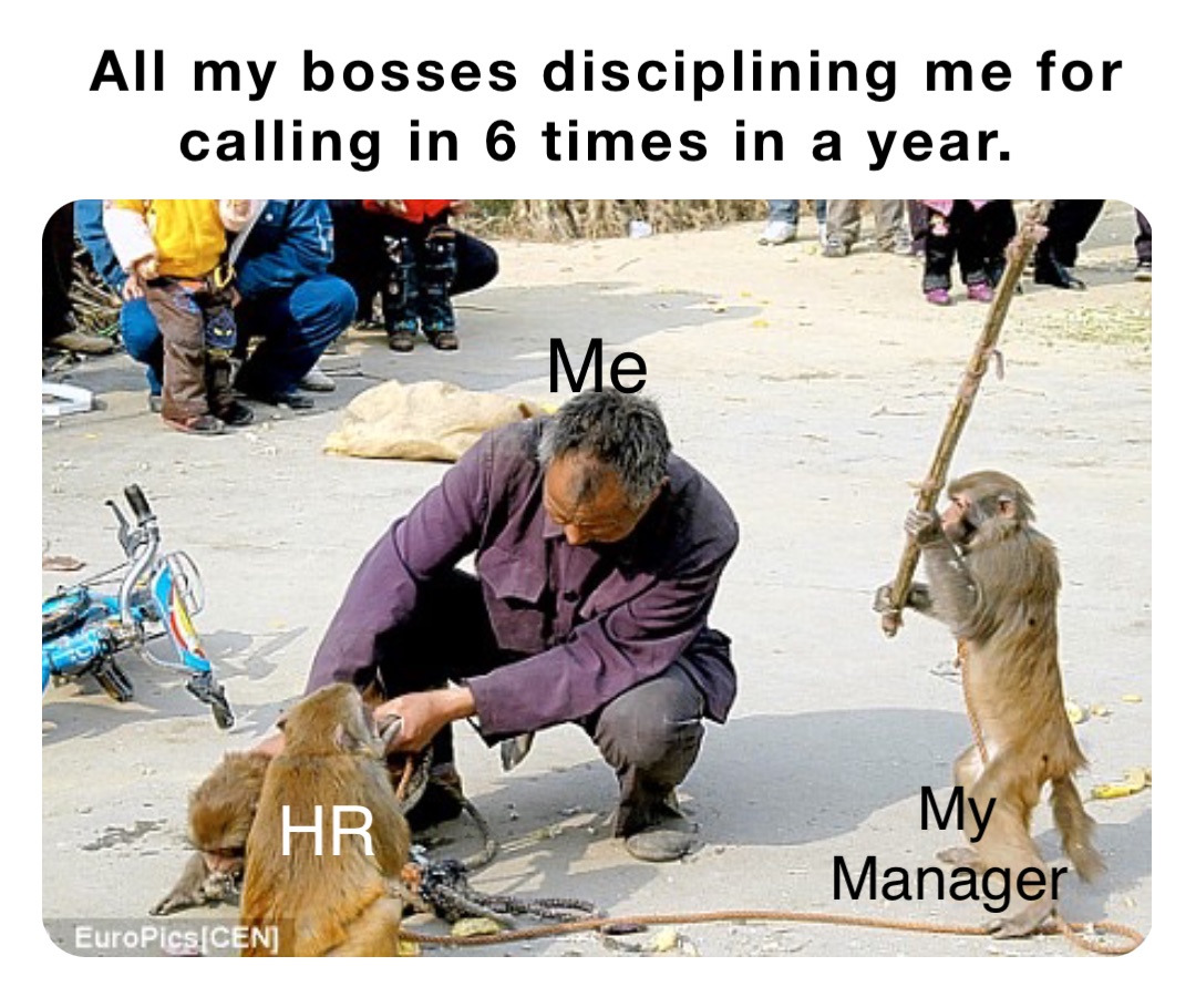 All my bosses disciplining me for calling in 6 times in a year. Me My Manager HR