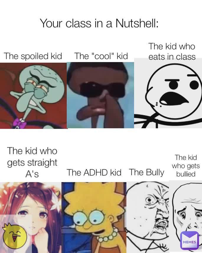 The spoiled kid The kid who eats in class The "cool" kid Your class in a Nutshell: 
The kid who gets straight A's The ADHD kid The Bully The kid who gets bullied