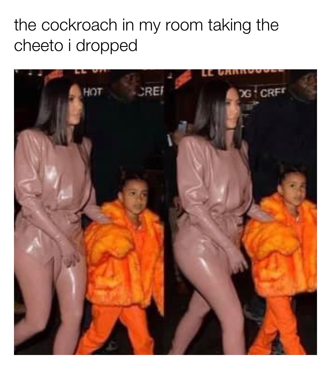 the cockroach in my room taking the cheeto i dropped