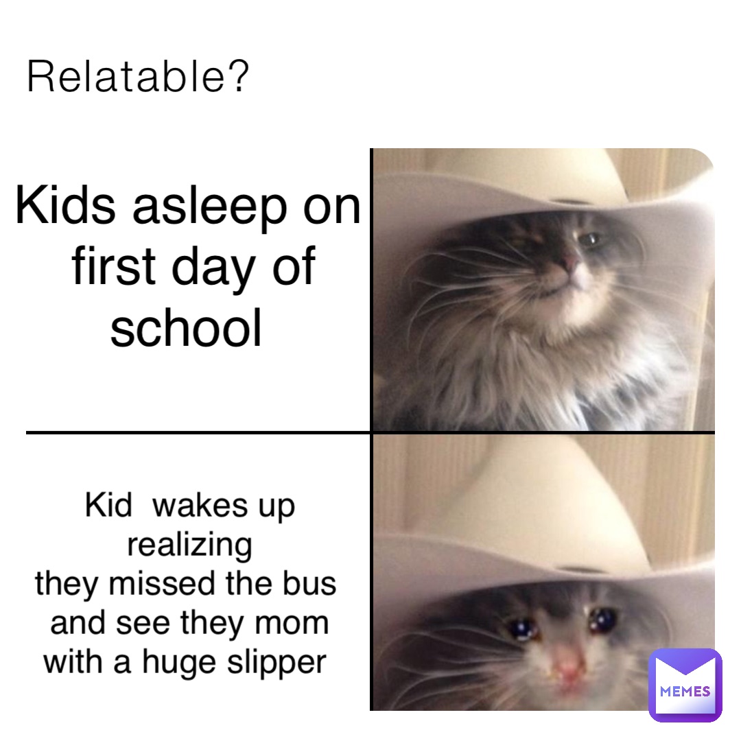 Relatable? Kids asleep on first day of school Kid  wakes up realizing 
they missed the bus and see they mom with a huge slipper