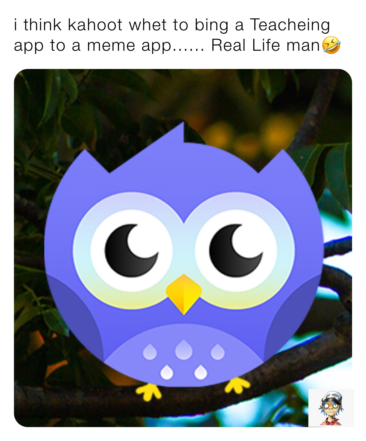 i think kahoot whet to bing a Teacheing app to a meme app...... Real Life man🤣