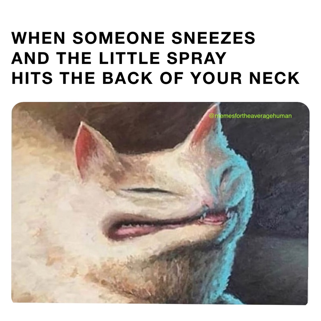 WHEN SOMEONE SNEEZES 
AND THE LITTLE SPRAY
HITS THE BACK OF YOUR NECK @memesfortheaveragehuman