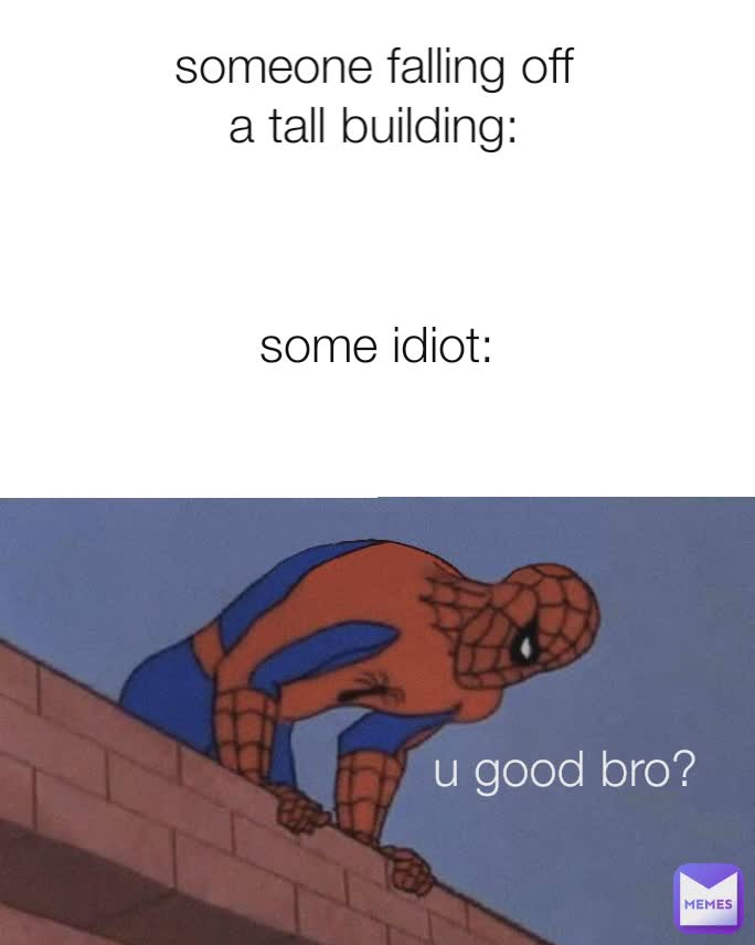 someone falling off a tall building: some idiot: u good bro?