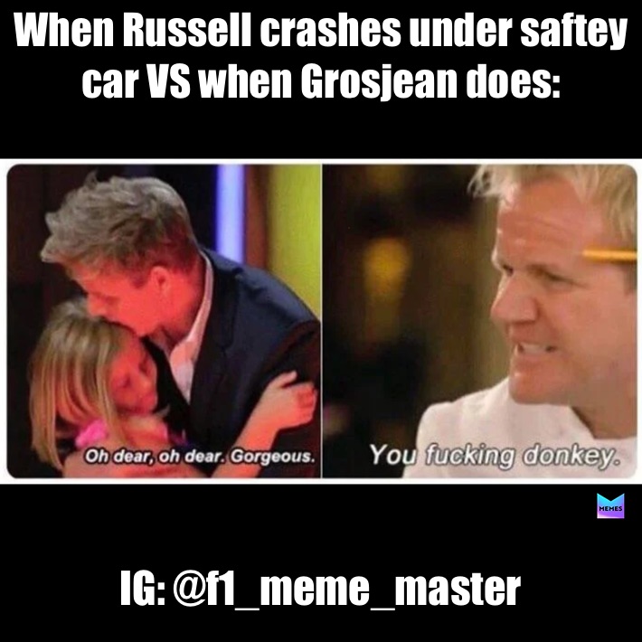 When Russell crashes under saftey car VS when Grosjean does: IG: @f1_meme_master