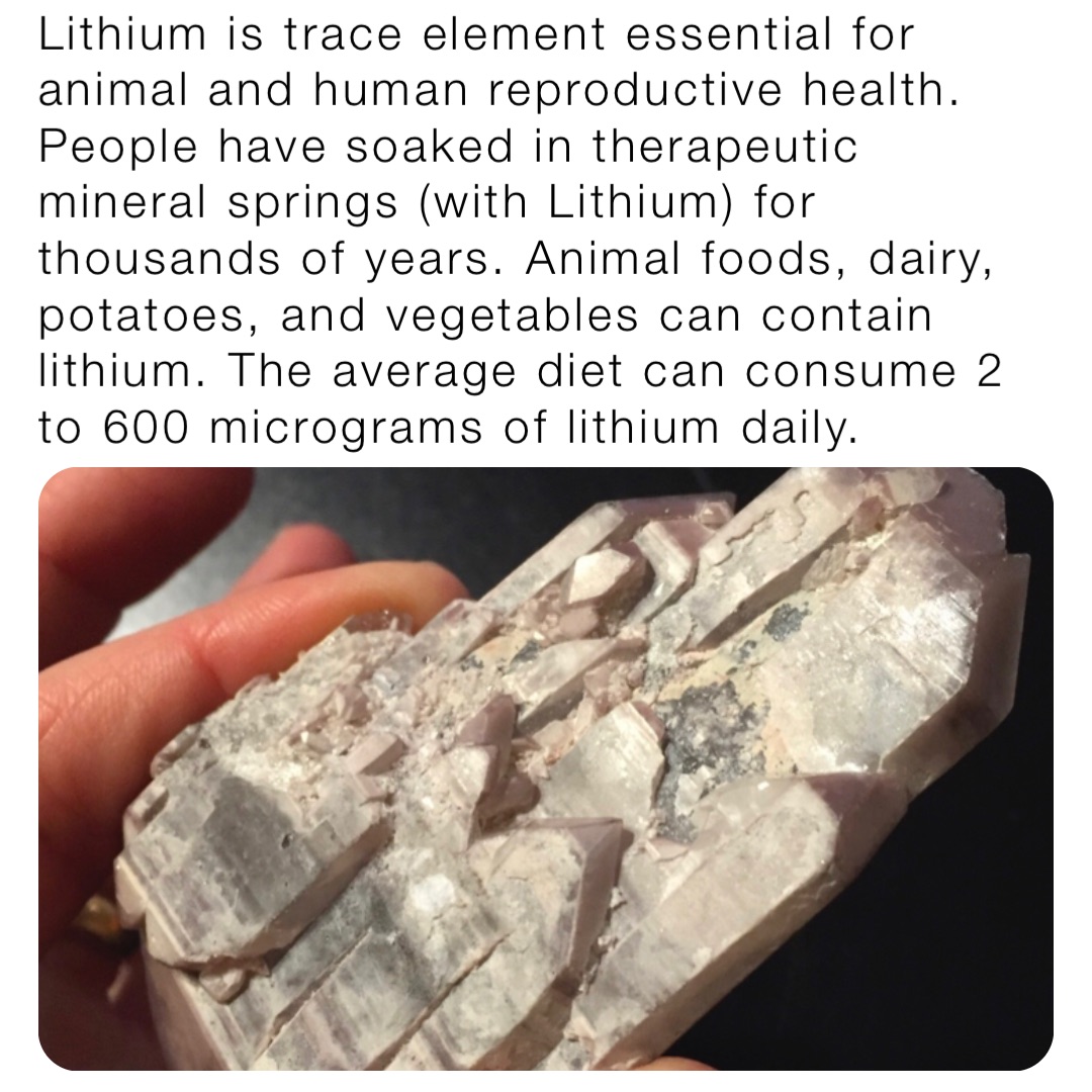 Lithium is trace element essential for animal and human reproductive health. People have soaked in therapeutic mineral springs (with Lithium) for thousands of years. Animal foods, dairy, potatoes, and vegetables can contain lithium. The average diet can consume 2 to 600 micrograms of lithium daily.