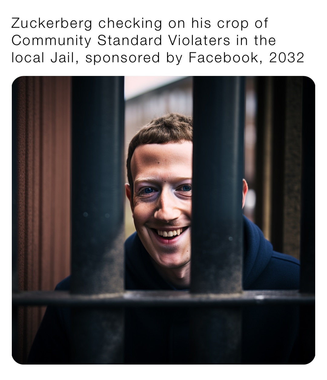 Zuckerberg checking on his crop of Community Standard Violaters in the local Jail, sponsored by Facebook, 2032
