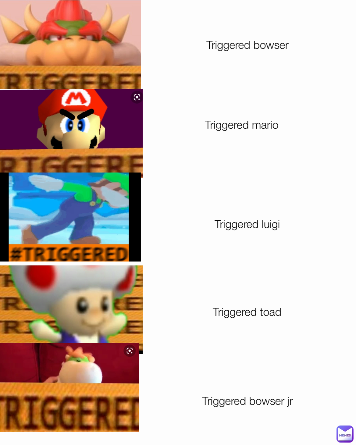 Triggered toad Triggered bowser  Triggered mario
 Triggered luigi  Triggered bowser jr 