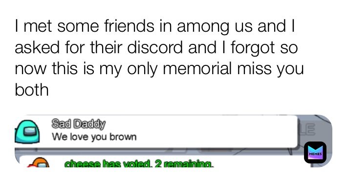 I met some friends in among us and I asked for their discord and I forgot so now this is my only memorial miss you both