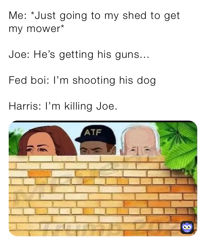 Me: *Just going to my shed to get my mower*

Joe: He’s getting his guns...

Fed boi: I’m shooting his dog

Harris: I’m killing Joe.