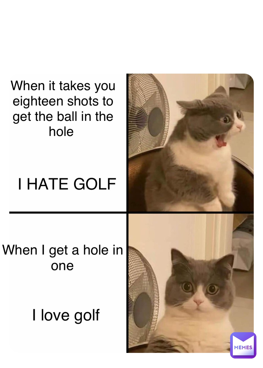 When it takes you eighteen shots to get the ball in the hole I HATE GOLF When I get a hole in one I love golf