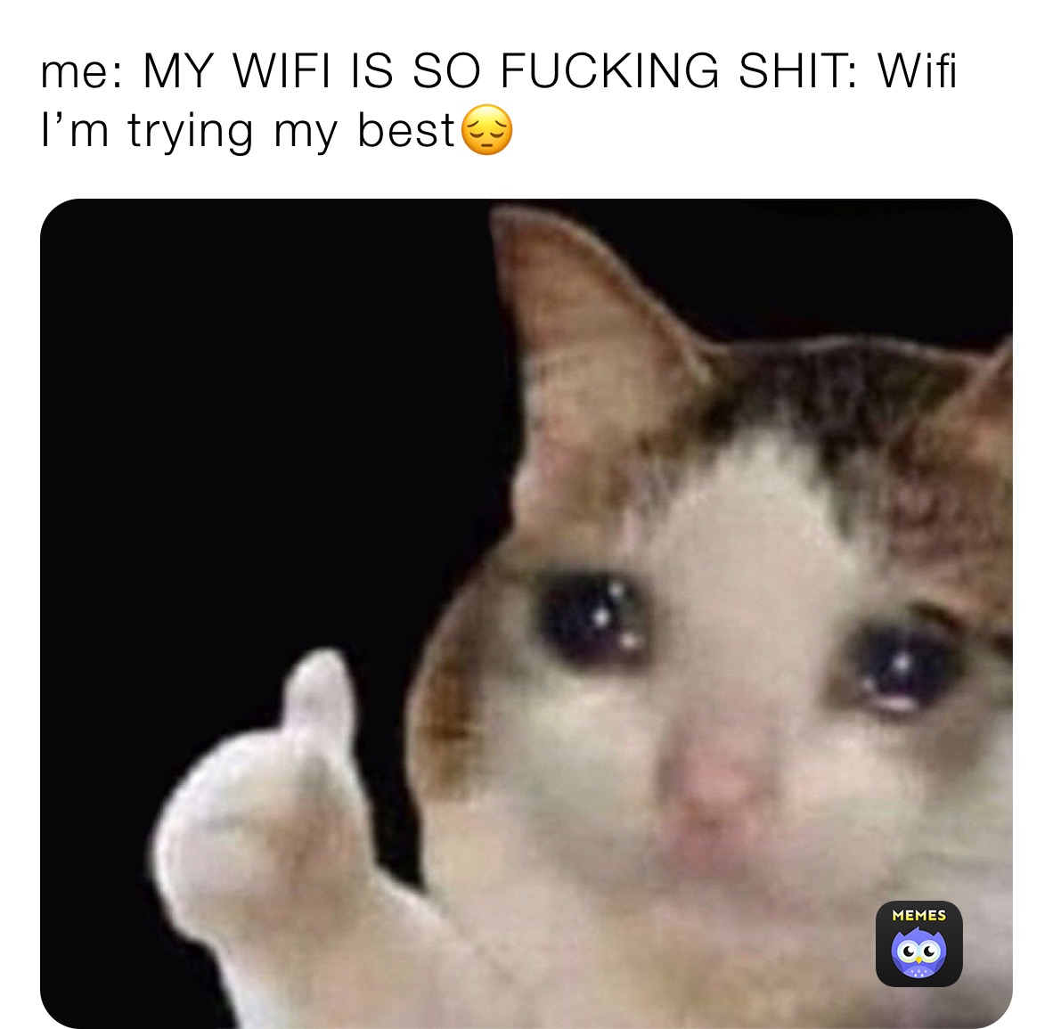 me: MY WIFI IS SO FUCKING SHIT: Wifi I’m trying my best😔