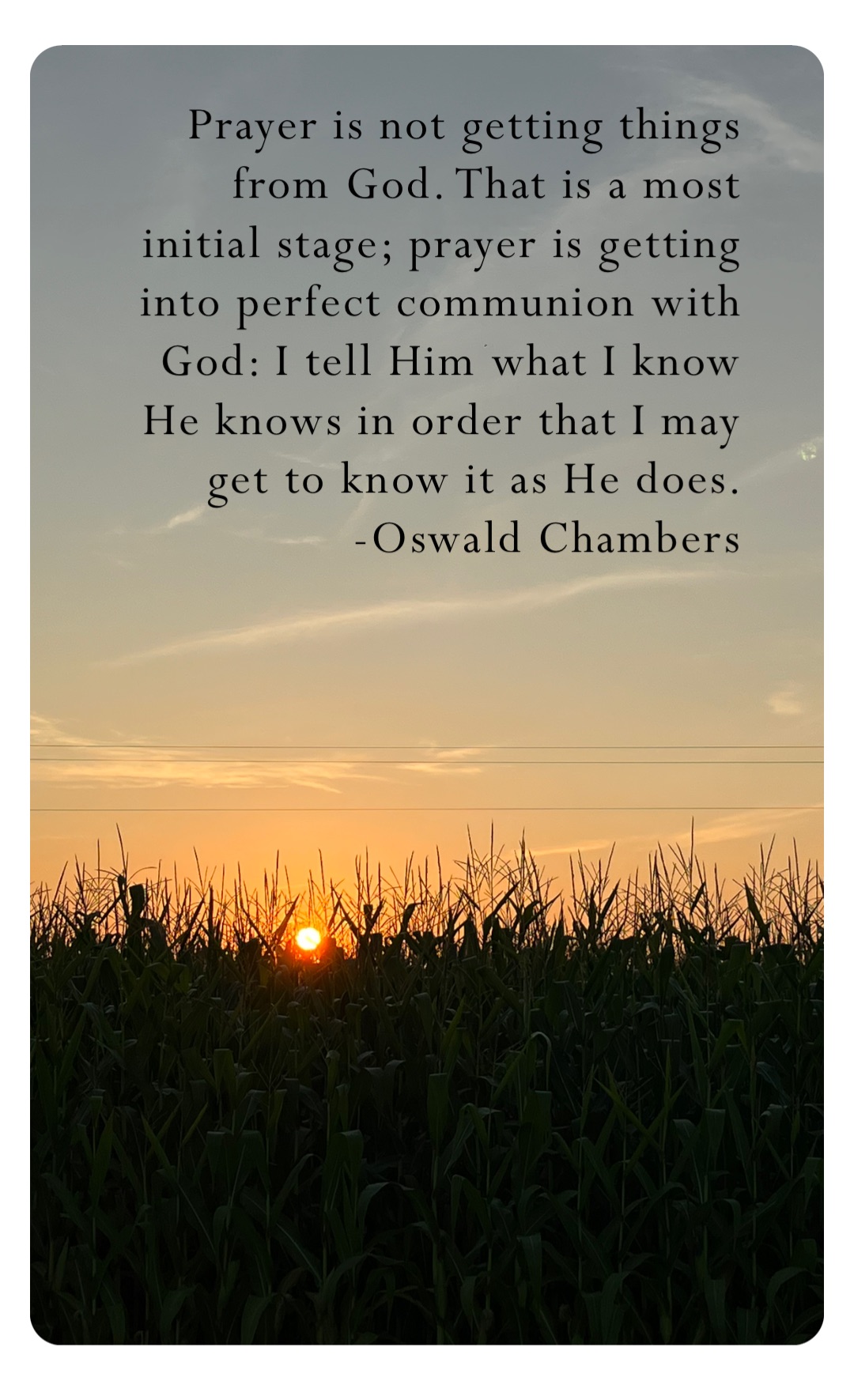 Prayer is not getting things from God. That is a most initial stage; prayer is getting into perfect communion with God: I tell Him what I know He knows in order that I may get to know it as He does.
-Oswald Chambers