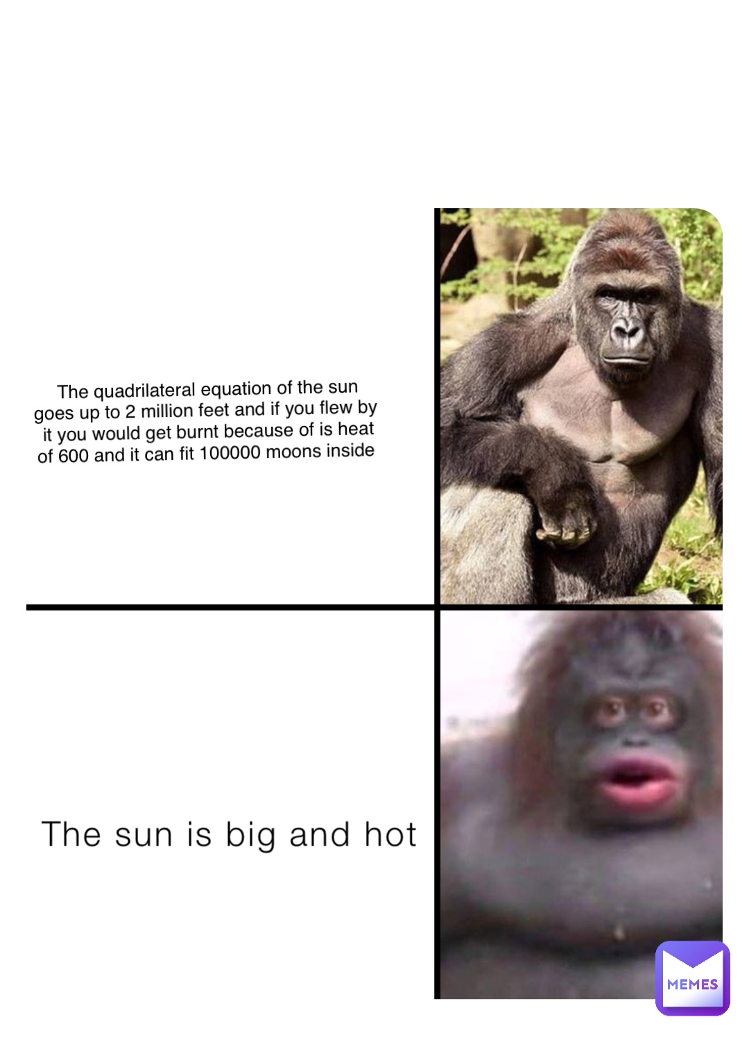 The sun is big and hot The quadrilateral equation of the sun goes up to 2 million feet and if you flew by it you would get burnt because of is heat of 600 and it can fit 100000 moons inside